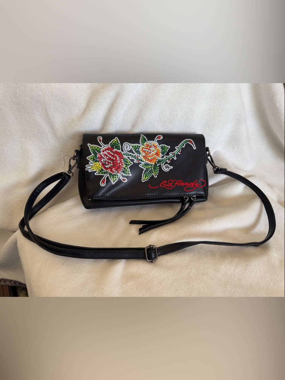 Ed Hardy Black Crossbody Bag with Embroidered Red and Orange Roses